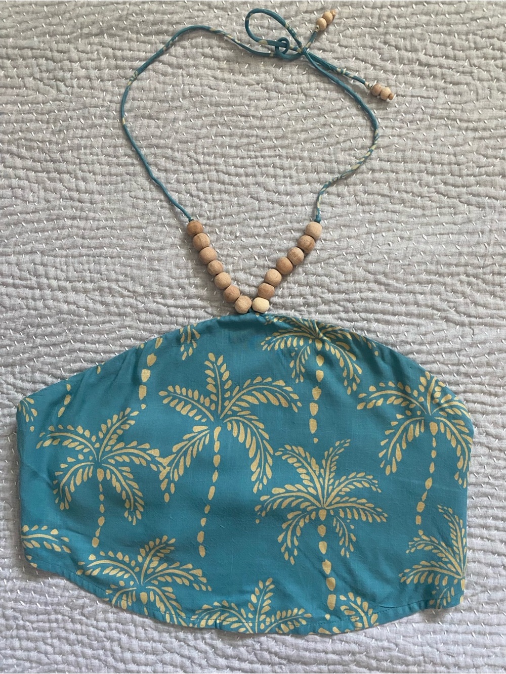 True destinations Palm Print Halter Wrap Back Top With Wooden Ring Detail